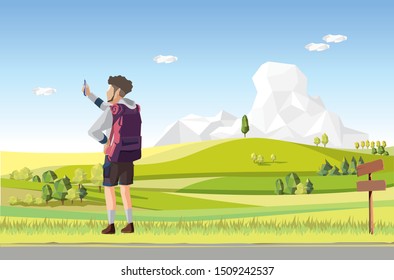 landscape vector background with explorer character