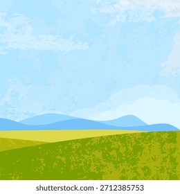 Fondo de Vector de paisaje. Fondo de pantalla de Naturaleza con cielo azul, montaña, nubes, hierba y lugar para su texto. Grange y campo vintage. Ilustración para el Anuncio, arte de la pared, cubierta, plantilla de la decoración.