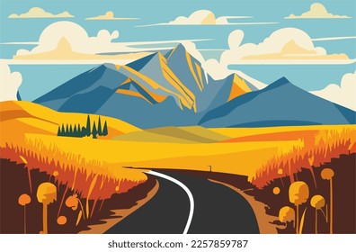 Landscape vector background. Road to golden yellow wheat field, mountains, hills, clouds in the sky. Flat style illustration of autumn nature.