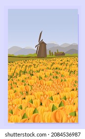 fondo vectorial horizontal. Paisaje rural. Naturaleza holandesa. Molino Holland. Paisaje montañoso. Campo de tulipanes de gelatina. Tulipanes amarillos. Plantilla de portada. Cartel.