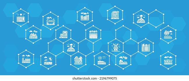 Landscape vector banner with icons. Bridge, Forest, Garden, Volcano, Windmill web infographic.