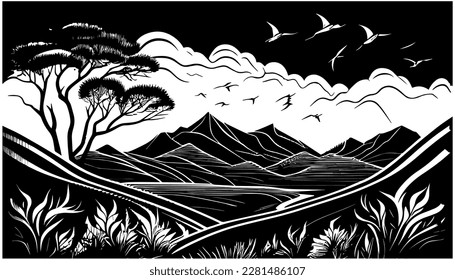 Ilustración de línea negra vectorial horizontal aislada en blanco. Dibujo artístico
