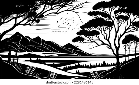 Landscape vector black line illustration isolated white. Sketch art