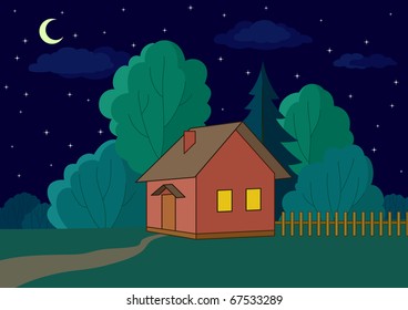 Landscape, vector: country house on night forest