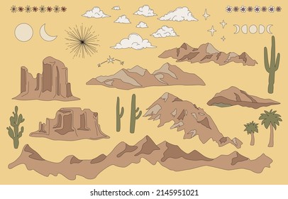 Landscape Vector Design Elements Set Isolated On Sandy Tones Backdrop. Boho Desert Clipart With Mountains, Cactuses, Clouds, And Sun.