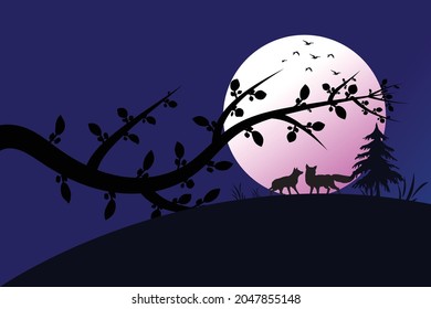 Landscape vector design with fox and pretty moon all mixed background. Tree leaf on the moon amazing dark night background vector.