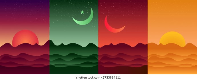 landscape vector design,  A mesmerizing illustration presents a quartet of celestial bodies – the sun and moon – majestically set against a textured, stylized mountainscape.