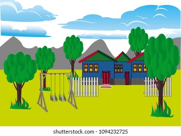landscape vector drawing, House with a garden. House. view. farm