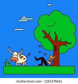 Landscape vector flat illustration. Cow and man under tree on blue background. Cartoon style.