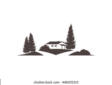 landscape vector icon with house, road, grounds and roads