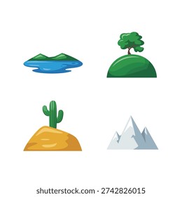 Landscape vector icons pack with lake, green hill, sunny desert cactus, snowy mountains, simple nature clipart for map, app design