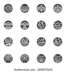 Landscape vector icons set, modern solid symbol collection, filled style pictogram pack. Signs, logo illustration. Set includes icons as city landscape, nature forest, sunset, country house residence