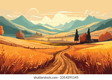 Landscape vector illustration background. Road to golden yellow and forest.