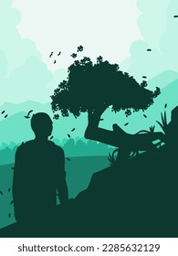 landscape vector illustration background with silhouettes of trees and people