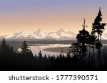 Landscape vector illustration, beautiful nature view over large meandering river, distant mountains and forest. Silhouettes of trees and snow capped peaks in the morning. Travel hike to national park