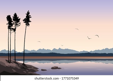 Landscape vector illustration, beautiful nature with silhouette of pine tree on lake shore, distant mountains and forest. Serene morning scene, birds flying over water. Calm summer evening background