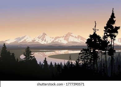 Landscape vector illustration, beautiful nature view over large meandering river, distant mountains and forest. Silhouettes of trees and snow capped peaks in the morning. Travel hike to national park