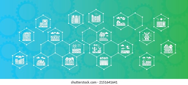 Landscape vector illustration. Bridge, Forest, Garden, Volcano, Windmill banner concept for website design or landing web page.