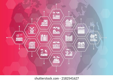 Landscape vector illustration. Bridge, Forest, Garden, Volcano, Windmill line icons promotion banner. Web banner layout template.