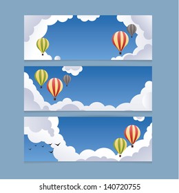 Landscape vector illustration. Clean blue sky with baloons. Much space for your content. Modern design banners for website or presentation. Concept is freedom.