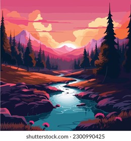 landscape vector illustration. A colorful illustration of a river in a landscape with mountains and trees. 