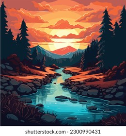 landscape vector illustration. A colorful illustration of a river in a landscape with mountains and trees. 