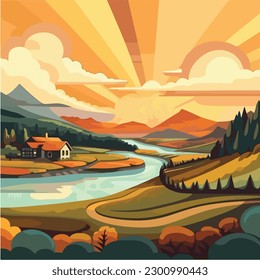 landscape vector illustration. A colorful illustration of a river in a landscape with mountains and trees. 