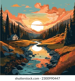 landscape vector illustration. A colorful illustration of a river in a landscape with mountains and trees. 