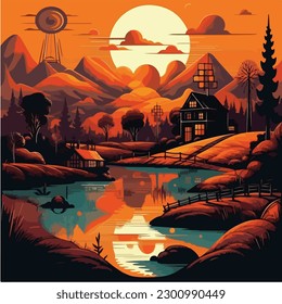 ilustración de vector de paisaje. Una colorida ilustración de un río en un paisaje con montañas y árboles. 