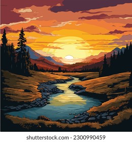 landscape vector illustration. A colorful illustration of a river in a landscape with mountains and trees. 