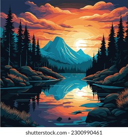 landscape vector illustration. A colorful illustration of a river in a landscape with mountains and trees. 