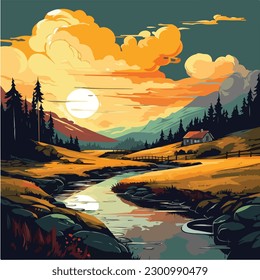 landscape vector illustration. A colorful illustration of a river in a landscape with mountains and trees. 