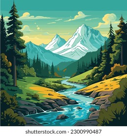 landscape vector illustration. A colorful illustration of a river in a landscape with mountains and trees. 