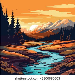landscape vector illustration. A colorful illustration of a river in a landscape with mountains and trees. 