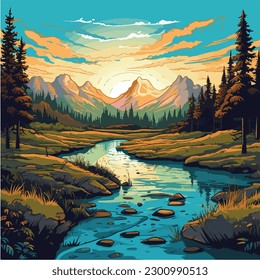 ilustración de vector de paisaje. Una colorida ilustración de un río en un paisaje con montañas y árboles. 