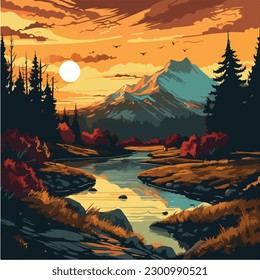 landscape vector illustration. A colorful illustration of a river in a landscape with mountains and trees. 