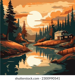 landscape vector illustration. A colorful illustration of a river in a landscape with mountains and trees. 