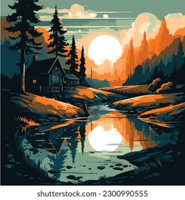 landscape vector illustration. A colorful illustration of a river in a landscape with mountains and trees. 