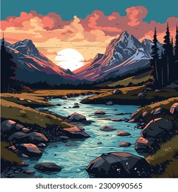 landscape vector illustration. A colorful illustration of a river in a landscape with mountains and trees. 