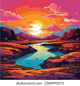ilustración de vector de paisaje. Una colorida ilustración de un río en un paisaje con montañas y árboles. 