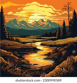 Landschaftsvektorgrafik. Eine farbenfrohe Illustration eines Flusses in einer Landschaft mit Bergen und Bäumen. 