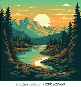 landscape vector illustration. A colorful illustration of a river in a landscape with mountains and trees. 