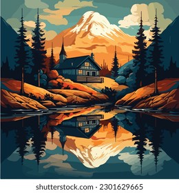 landscape vector illustration. A colorful illustration of a river in a landscape with mountains and trees. 