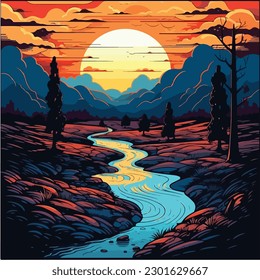 landscape vector illustration. A colorful illustration of a river in a landscape with mountains and trees. 