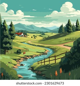ilustración de vector de paisaje. Una colorida ilustración de un río en un paisaje con montañas y árboles. 