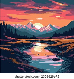 landscape vector illustration. A colorful illustration of a river in a landscape with mountains and trees. 