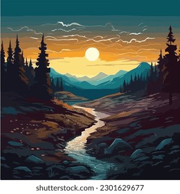 ilustración de vector de paisaje. Una colorida ilustración de un río en un paisaje con montañas y árboles. 