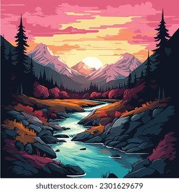 landscape vector illustration. A colorful illustration of a river in a landscape with mountains and trees. 