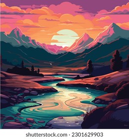 landscape vector illustration. A colorful illustration of a river in a landscape with mountains and trees. 