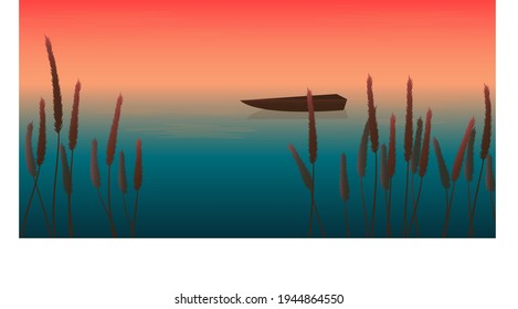 Landscape, vector illustration. Dawn on the river, boat. View from the shore